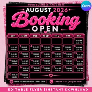 August Booking Flyer, Booking Open Flyer, August Booking Calendar Beauty Booking Template Hair Stylist Flyer Editable Canva Instant Download