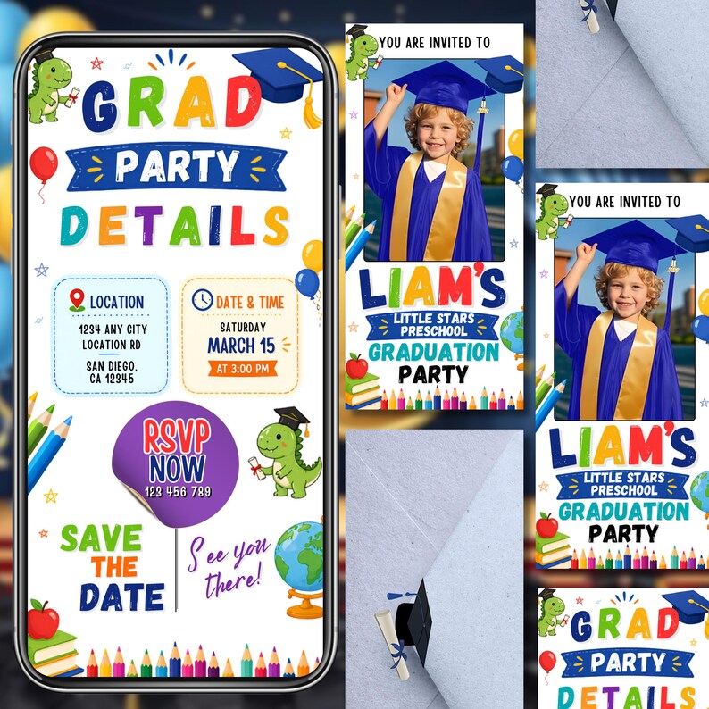 Blue Preschool Graduation Video Invitation, Pre-K Grad Digital Invites, Kids Editable Template, Graduation Evite, Instant Download