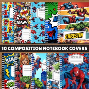 May include: A collection of ten spiral-bound composition notebook covers featuring various comic book superhero illustrations, including Spider-Man, Iron Man, Hulk, and Superman, with comic-style sound effects and white labels for personal identification.