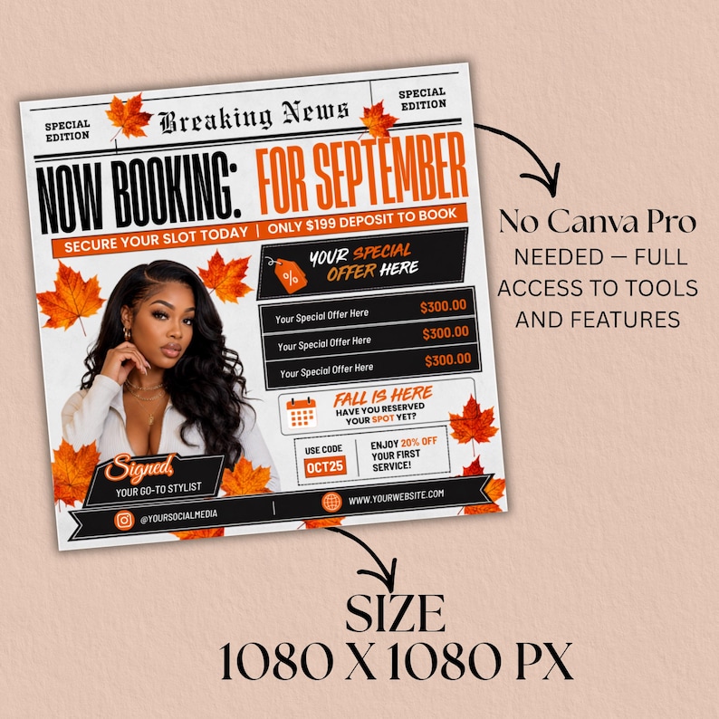 September Booking Flyer, September Books Open, Newspaper Booking Flyer, Fall Books, Beauty Hair Lash Nails Canva Template, Instant Download