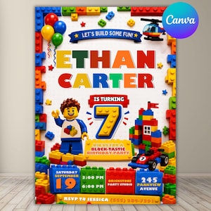 May include: A birthday party invitation featuring a colorful building block theme with a border of plastic bricks. The text reads Ethan Carter is turning 7, with details for a party on Saturday September 19, 3:00 PM to 6:00 PM at Brickstone Party Studio.