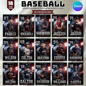 Op de afbeelding: Een verzameling van 18 baseball sportbanner spelersgeheugenkaart-sjablonen met individuele atleten in uniform met knuppels of handschoenen. De donkere, dramatische achtergrond bevat stadionverlichting en honkbalafbeeldingen met bewerkbare tekstvelden.
