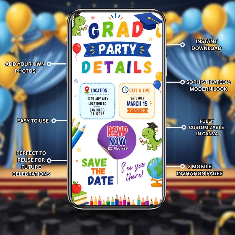 Blue Preschool Graduation Video Invitation, Pre-K Grad Digital Invites, Kids Editable Template, Graduation Evite, Instant Download