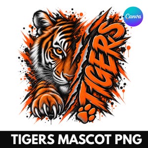 Könnte beinhalten: Eine grafische Illustration eines Tigergesichts mit orangefarbenem und schwarzem Fell, einer nach vorne reichenden Pfote und dem Wort TIGERS in fetten orangefarbenen Buchstaben. Das Design enthält Farbspritzer und Kratzspureneffekte.