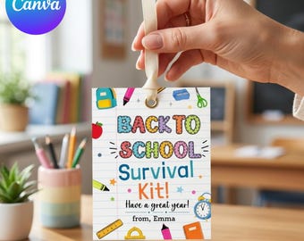May include: A rectangular white gift tag with a lined paper pattern, featuring the colorful text "BACK TO SCHOOL Survival Kit! Have a great year! from, Emma" and illustrations of school supplies like a backpack, apple, ruler, and alarm clock.