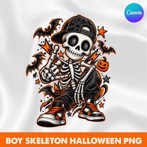 May include: A graphic illustration of a skeleton wearing a black baseball cap, black pants, and orange and black sneakers. The skeleton is making a peace sign gesture surrounded by orange lightning bolts, black bats, orange stars, and a jack-o'-lantern.