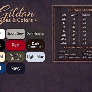 Pode incluir: Tabela de tamanhos e cores de camisetas Gildan. As cores incluem branco, preto, vermelho, natural, royal, cinza desportivo, mescla escura, chocolate escuro, verde militar, azul claro e marinho. As medidas est&atilde;o em polegadas.