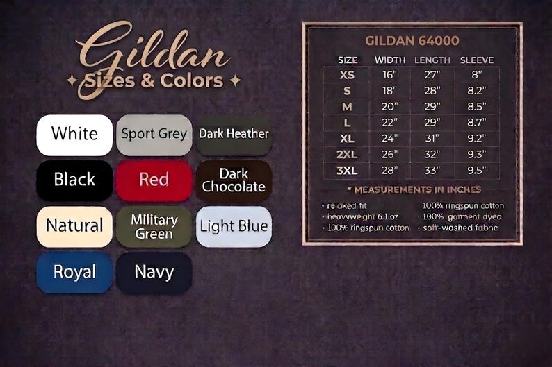 Pode incluir: Tabela de tamanhos e cores de camisetas Gildan. As cores incluem branco, preto, vermelho, natural, royal, cinza desportivo, mescla escura, chocolate escuro, verde militar, azul claro e marinho. As medidas est&atilde;o em polegadas.