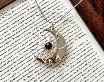Handmade Silver Wire Wrapped Amethyst Crescent Moon Pendant Necklace, Celestial Sun & Moon Jewelry