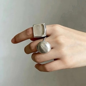 Vintage Brushed Silver Geometric Statement Ring, Minimalist Wide Stackable Band, Modernist Layerable Everyday Casual Jewelry Accessory