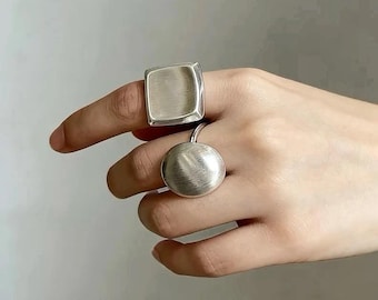 Vintage Brushed Silver Geometric Statement Ring, Minimalist Wide Stackable Band, Modernist Layerable Everyday Casual Jewelry Accessory