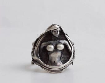 Handmade 925 Sterling Silver Nude Goddess Ring, Hand Carved Gothic Oxidized Silver Band, Unique Bohemian Retro Statement Silver Jewelry