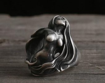 Handmade 925 Sterling Silver Female Figure Ring, Hand Carved Oxidized Silver Band, Unique Gothic Vintage Statement Silver Jewelry