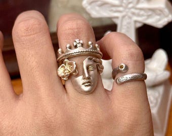 Sculptural Greek Statue Face Open Ring, Vintage Silver Statement Ring, Artistic Unique Jewelry Gift for Art Lovers