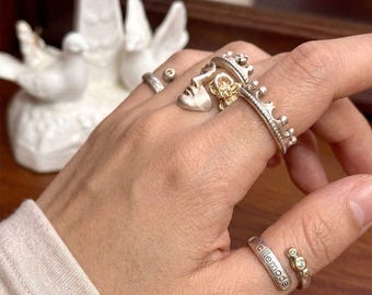 Retro Sculptural Goddess Face Silver Ring, Adjustable Open Design, Stylish Statement Jewelry for Everyday Wear