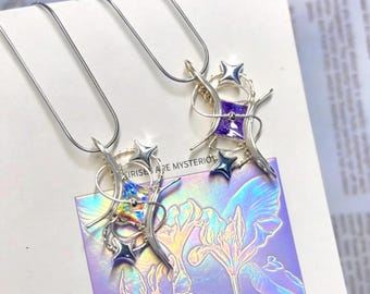 Iridescent Crystal Necklace, Starburst Wire Wrapped Pendant, Celestial Jewelry, Fantasy Boho Gift for Her