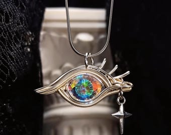 Handmade Wire Wrapped Opal Eye Necklace, Silver Statement Pendant, Artisan Celestial Jewelry