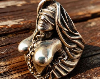 Handmade Blindfolded Bound Angel Ring, Woman Body Art Statue Jewelry, Unusual Dark Gothic Ring, Vintage Art Nouveau Sculpture Aesthetic Ring