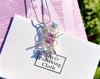 Starburst Rose Quartz Necklace, Handcrafted Silver Wire Wrapped Celestial Jewelry, Whimsical Boho Gift for Her