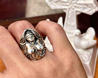 Handmade Blindfolded Angel Chain Ring, Bound Angel Body Art Ring, Gothic Statement Jewelry, No Redemption Ring, Dark Aesthetic Gift for Her