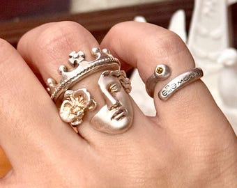 Vintage engraved angel face open ring, unique and stylish design, makes a great gift.