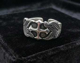 925 Sterling Silver Cross Ring for Men, Vintage Gothic Signet Ring, Adjustable Christian Jewelry, Medieval Knight Ring Gift
