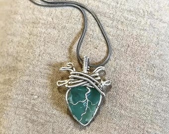 Handmade Wire Wrapped Anatomical Heart Green Stone Pendant Necklace