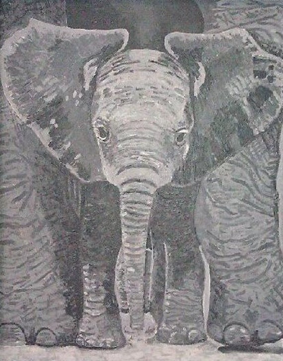 A Mother's Touch--print on canvas paper of elephant acrylic painting in grey scale