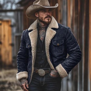 Könnte beinhalten: Dunkelblaue Jeansjacke mit cremefarbenem Shearling-Futter und Kragen. Die Jacke hat zwei Brusttaschen und wird mit einem braunen Cowboyhut und einem dekorativen Gürtel mit großer Schnalle getragen. Die Jacke wird über einem schwarzen Hemd getragen.