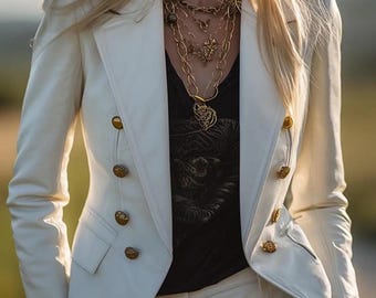 White Genuine Sheep Leather Military Blazer | Gold Embroidered Epaulette Jacket