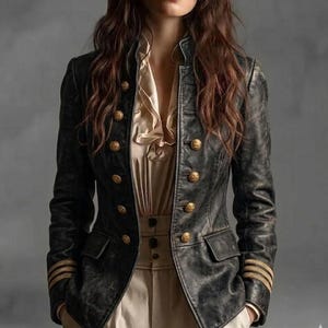 Women's Distressed Black Lambskin Military Blazer – Steampunk Gothic Parade Coat