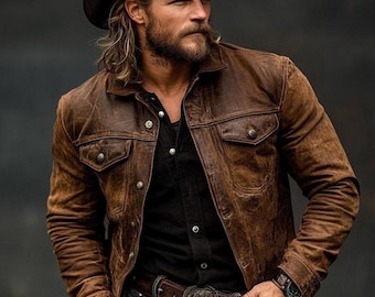 Herren Handgefertigte Vintage Distressed Brown Lammfell Lederjacke Western Cowboy Style Mantel