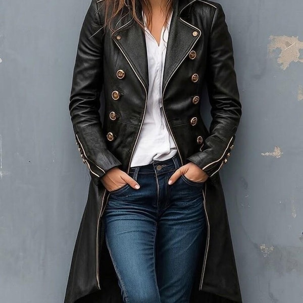 Women's Black Genuine Sheep Leather Military Coat – Double Breasted Gold Button Jacket