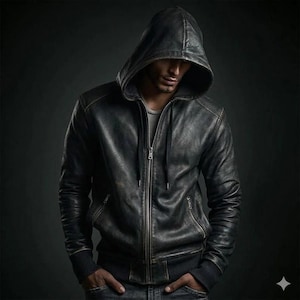 Chaqueta de cuero con capucha de piel de cordero negra para hombre, hecha a mano, de cuero auténtico, estilo vintage desgastado, con cremallera.