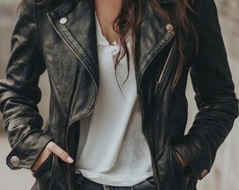 Women's Handmade Black Lapel Vintage Genuine Lambskin Leather Jacket