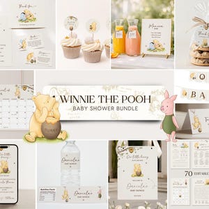 May include: A selection of Winnie the Pooh themed baby shower items. The set includes invitations, cupcake decorations, a banner, a calendar, and a sign that reads "Winnie the Pooh Baby Shower Bundle". The colour scheme is soft yellow and brown.