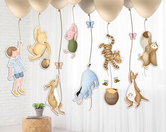 Winnie the Pooh Babypartydekoration, klassische Pooh-Bär-Ballonausschnitte, geschlechtsneutrales Pooh-Partydekor, bearbeitbare Canva-Vorlage - BS01