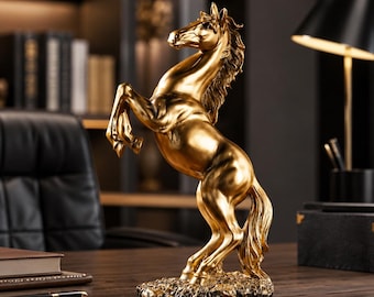 Luxus-Gold-Pferdestatue, modernes Büro-Schreibtisch-Dekor, aufziehende Pferdeskulptur, eleganter Home-Office-Akzent, Harz-Tierfigur