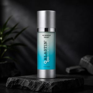 K&ouml;nnte beinhalten: Eine Hautpflegeserumflasche mit silberner Kappe und Boden sowie einem blau-wei&szlig;en Farbverlaufsetikett. Auf dem Etikett steht "HA Immerse Serum" und "Alastin Skincare". Die Flasche enth&auml;lt 29,6 ml. Die Flasche steht auf einer dunklen, strukturierten Oberfl&auml;che.
