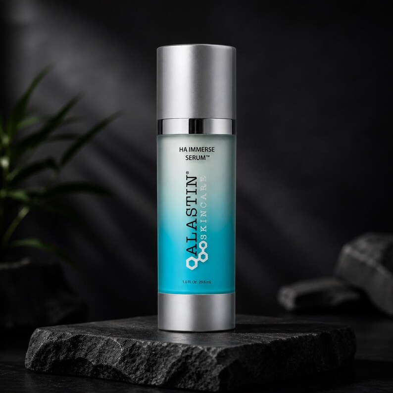 K&ouml;nnte beinhalten: Eine Hautpflegeserumflasche mit silberner Kappe und Boden sowie einem blau-wei&szlig;en Farbverlaufsetikett. Auf dem Etikett steht "HA Immerse Serum" und "Alastin Skincare". Die Flasche enth&auml;lt 29,6 ml. Die Flasche steht auf einer dunklen, strukturierten Oberfl&auml;che.