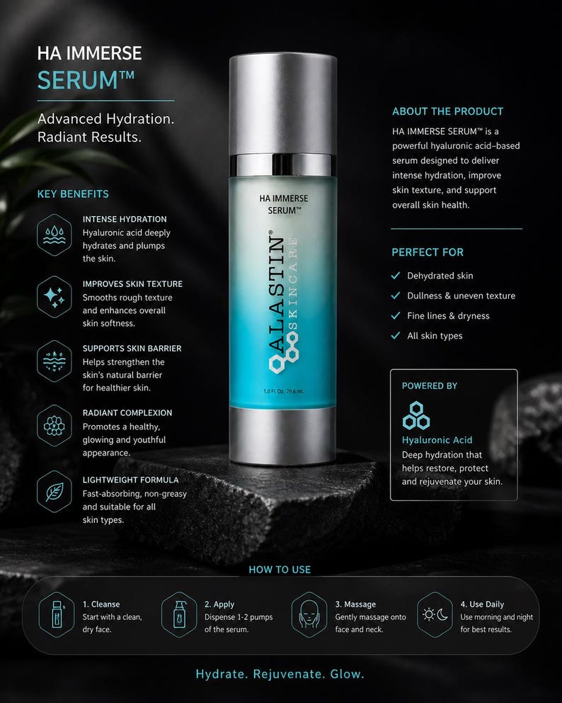 K&ouml;nnte beinhalten: Eine Flasche des Hautserums "HA IMMERSE SERUM" mit silbernem Deckel und blau-wei&szlig;em Farbverlauf. Das Produkt wird auf einer dunklen, strukturierten Oberfl&auml;che pr&auml;sentiert. Text beschreibt Vorteile und Anwendung.
