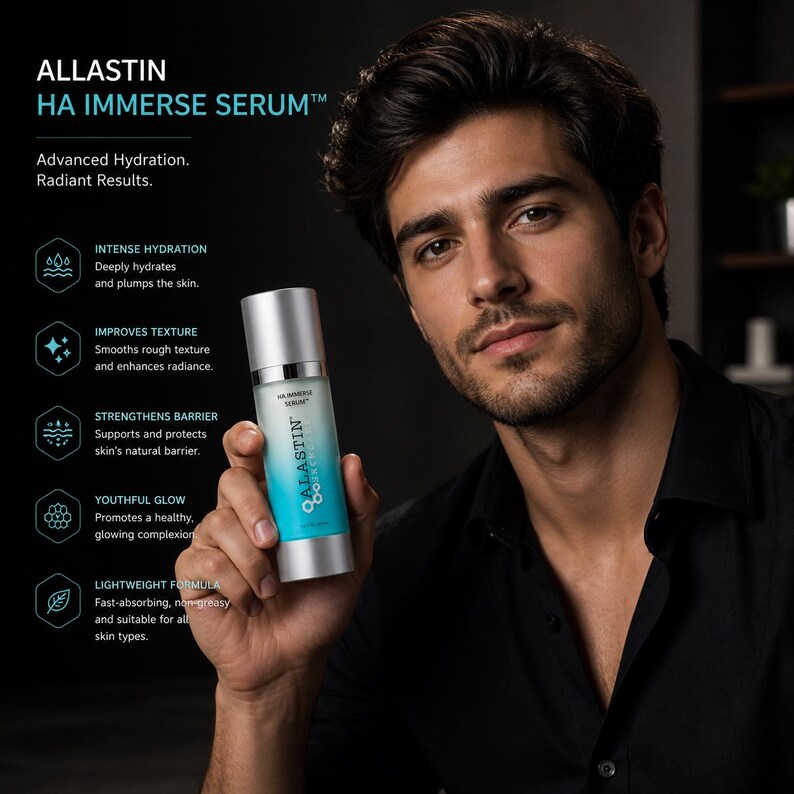 K&ouml;nnte beinhalten: Eine silberne und t&uuml;rkisfarbene Flasche Allastin HA Immerse Serum wird vor einem Mann gehalten. Die Flasche hat einen Pumpkopf und der Text "HA Immerse Serum" ist sichtbar. Das Bild enth&auml;lt auch Text, der die Vorteile des Produkts beschreibt, wie z. B. intensive Feuchtigkeit und jugendliche Ausstrahlung.