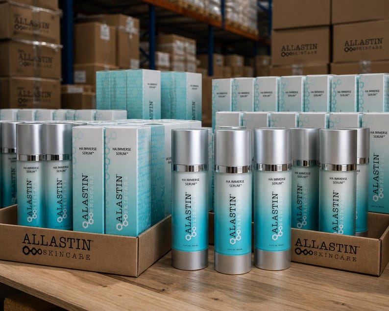 K&ouml;nnte beinhalten: Eine Pr&auml;sentation von Hautpflegeprodukten, darunter Flaschen und Schachteln mit HA Immersive Serum von Alastin Skincare. Die Flaschen sind silber und blau, die Schachteln wei&szlig; und blau. Die Produkte sind in Kartontabletts angeordnet.