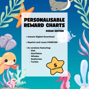 Może przedstawiać: Cyfrowy wykres nagród z motywem oceanu. Wykres zawiera ilustracje stworzeń morskich, takich jak ryby, rozgwiazdy, wieloryby, koniki morskie i żółwie. Tekst brzmi "Personalizowane wykresy nagród" i "Ocean Edition".