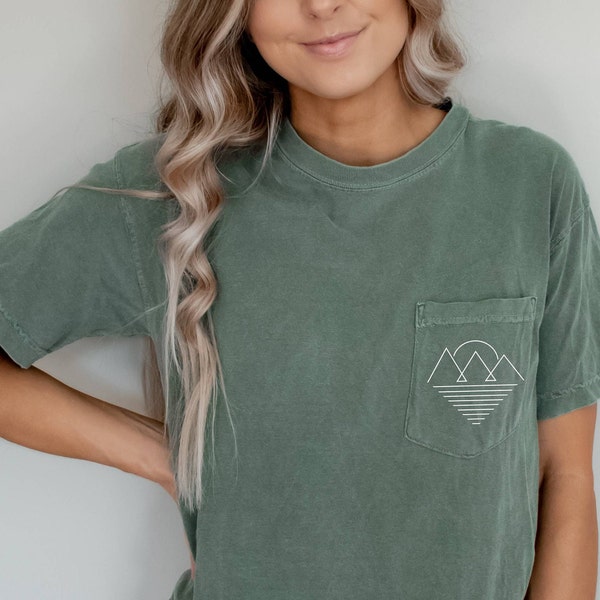 Geometric Mountain Sun pocket tee | Comfort Colors |  Short Sleeve Pocket T-Shirt | Unisex Vintage Pigment Dyed | Hiking | Outdoors