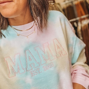 Tie Dye MAMA College Block Outline EST. Cord Sweatshirt | Corded Crew Neck Sweatshirt  | Loungewear Apparel | Blogger Mom Fashion |