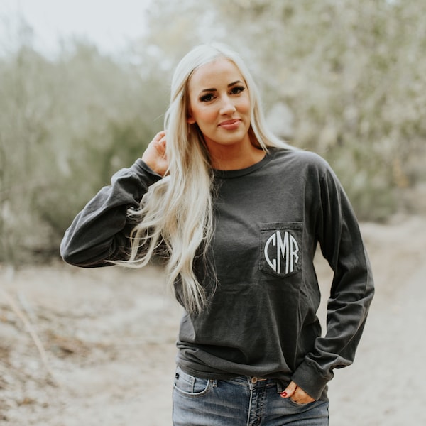 Comfort Colors Long Sleeve Monogrammed Pocket T-Shirt Tee Ladies Vintage Pigment Dyed Great for Bridesmaid Gift Ideas