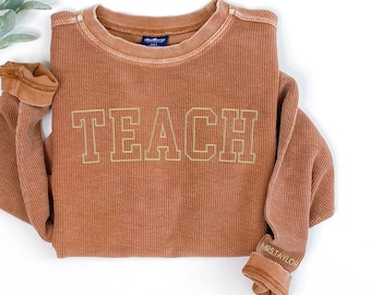 Embroidered OUTLINE Teach with Name on Sleeve Sweatshirt | Crew Neck Sweatshirt | Loungewear | Sweatshirt | Fall Apparel | Teacher Fashion