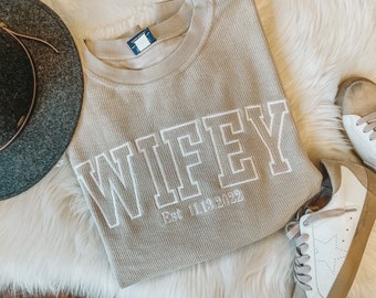 OUTLINE College Block Wifey with Date Cord Sweatshirt | Crew Neck Sweatshirt | Loungewear | Sweatshirt | Fall Apparel | Blogger Mom Fashion