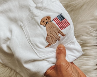 Patriotic Dog Comfort Colors Embroidery USA Tee | Short Sleeve Pocket Tee | Dog with American Flag